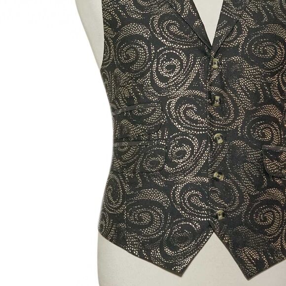 Mens 46R Black Gold Jacquard Swirl Pattern Vest Waistcoat Wedding Party Formal - Picture 6 of 8